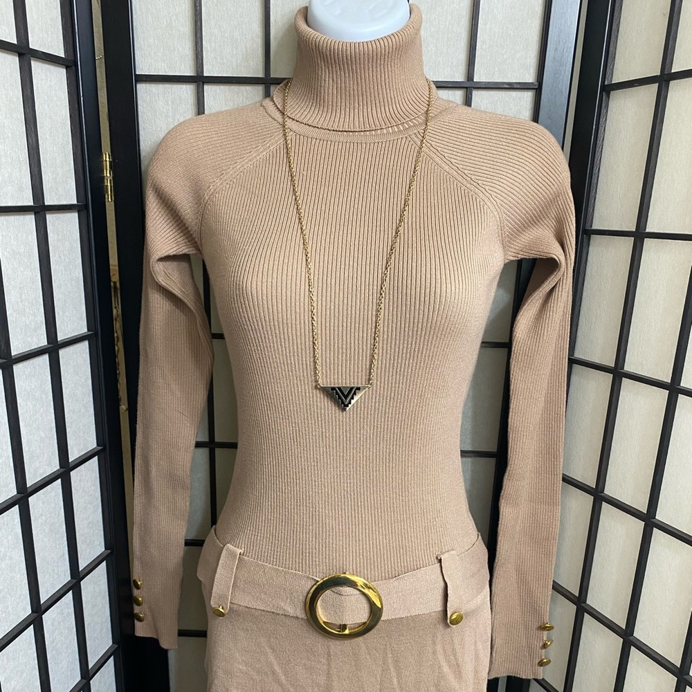 Adorable Derek Heart Retro 70’s Belted Tan Dress - Picture 2 of 5